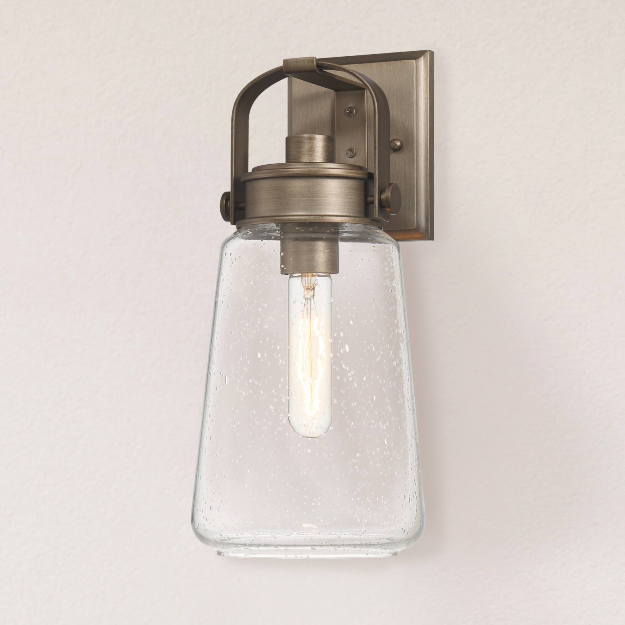 Hello Honey® Gage Tuscan Gold Industrial Tapered Seedy Glass & Metal Wall Mounted Outdoor Light